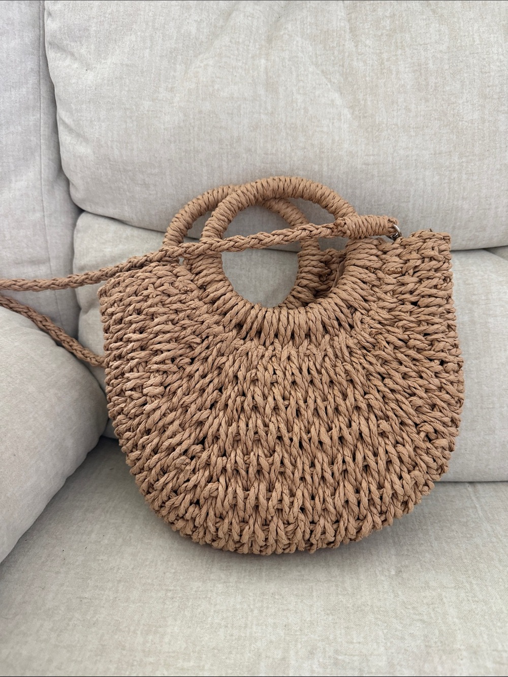 Woven Straw Half-Moon small Tote Bag — Brown